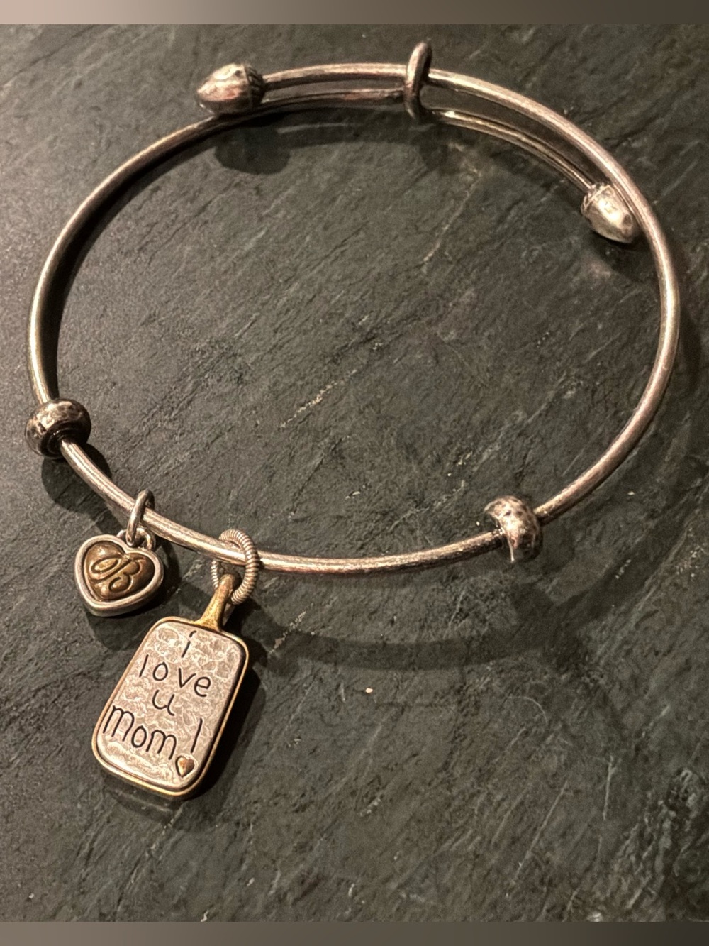Brighton Two-Tone Heart Charm “Mom” Bangle Bracelet